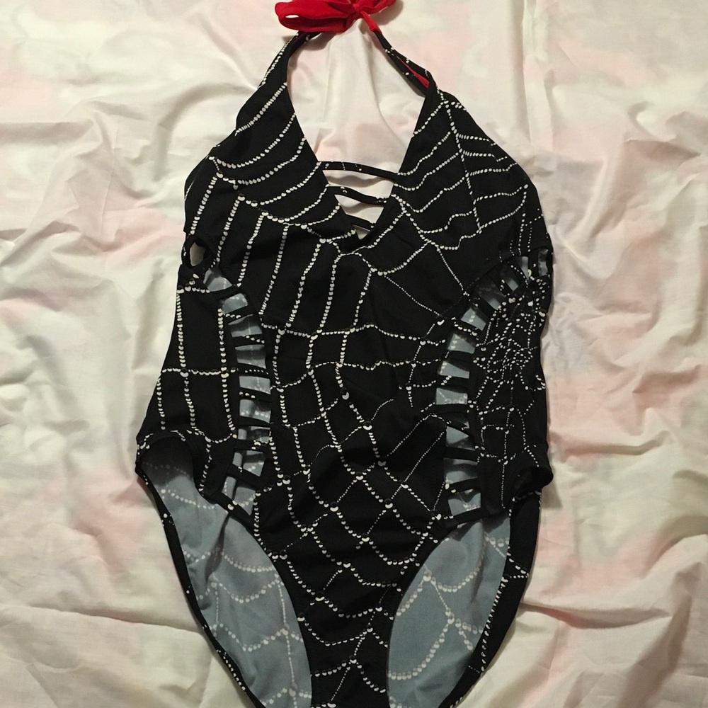 Hot Topic GOTH Black Spiderweb One-Piece Swimsuit with Red Halter Tie
